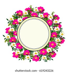 vector flower frame with pink  primula, chamomile, decorative plants for greeting cards and invitations of wedding, birthday, mother's day