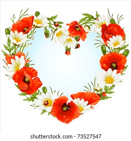Vector flower frame in the shape of heart. Poppy and Camomile
