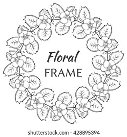 Vector flower frame. Sketch flower wreath. Template with flower illustration. Hand drawn stylized flowers, black and white floral background.