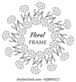 Vector flower frame. Sketch flower wreath. Template with flower illustration. Hand drawn stylized flowers, black and white floral background.