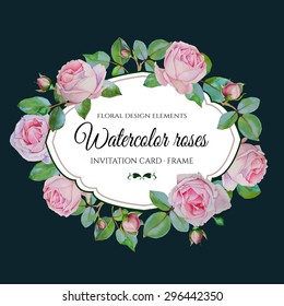 Vector flower frame with watercolor pink roses. Invitation card with wreath of hand-drawn watercolor flowers