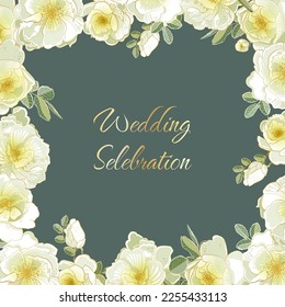 Vector flower frame, wedding invitation template, for postcards, for valentine's. Drawn flowers of white rosehip, kidneys, leaves. Linear art drawing, gold contour. Elegant delicate wedding flowers
