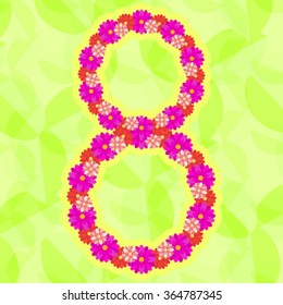 Vector flower garland in the form of figure eight, with light green leaves background. March 8 postcard template. International women's day design elements. 8 March symbol made of pink flowers.