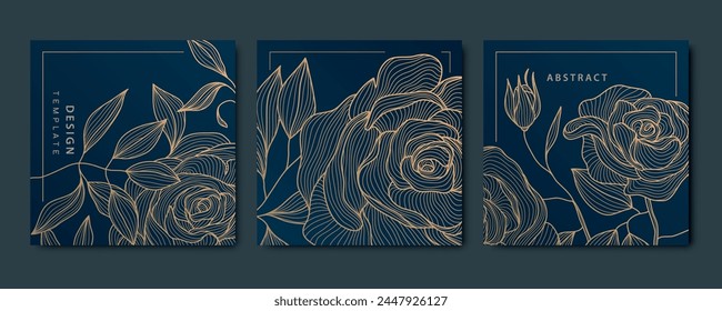 Fondo de arte de oro de flor de Vector, patrón de línea floral de lujo abstracto. Ilustración de rosas y hojas, tarjetas de belleza vintage, etiquetas reales.