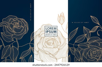 Vector flower gold art background, abstract luxury floral line pattern. Roses and leaves illustration, vintage beauty cards, royal labels.