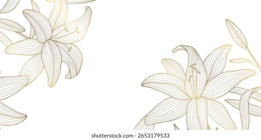 Vector flower gold line background, plant spring blossom corners, leaves floral frame. Chinese, japanese oriental nature border