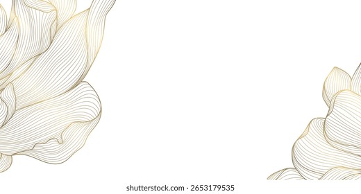 Fondo de línea de oro de flor de Vector, esquinas de flor de primavera de planta, marco floral de hojas. Frontera oriental china, japonesa de la naturaleza