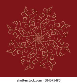 Vector Flower Gold Mandala over red. Invitation element. Tattoo, astrology, alchemy, boho and magic symbol for your projects