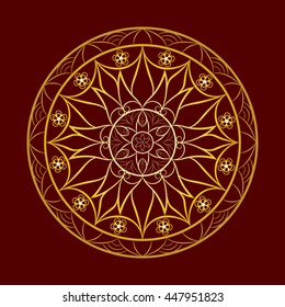 Vector Flower Gold Mandala over Dark Red. Invitation element. Tattoo, astrology, alchemy, boho and magic symbol for your projects. Element for anti stress coloring book.