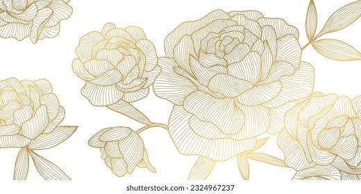 Patrón dorado de flor vectorial, línea de rosas ilustración estilo japonés. Flores de lujo para empaque, publicación en medios sociales, portada, banner, post creativo y artes murales. Oro y blanco