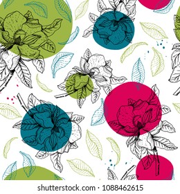 Vector flower of graphic magnolia and 
leaves with bright spots. Botanical illustration. For design textile, logo, pattern.
