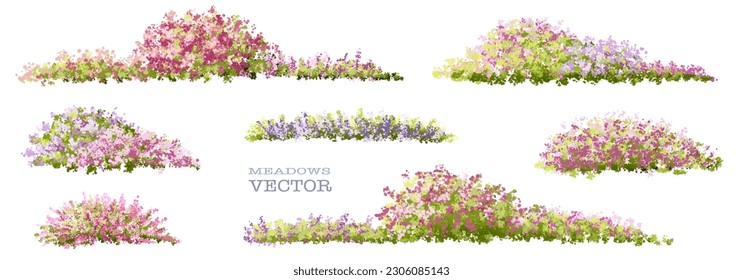 Vector de hierba de flores o arbusto floreciente aislado en fondo blanco, elevación de árboles para concepto de paisaje, escena panorámica ambiental, diseño ecológico, prado para primavera