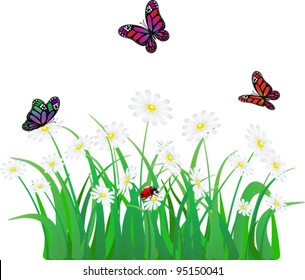 flor vectorial, hierba, mariposa y ladybird