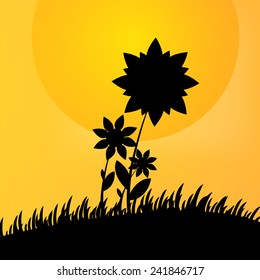 Vector : Flower and grass on orange-yellow background