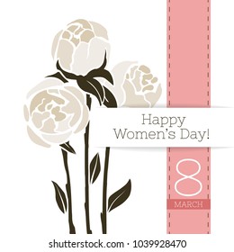 Vector flower greeting banner with a bouquet of peonies and ribbon. International Women's Day. Flat style. Isolated.