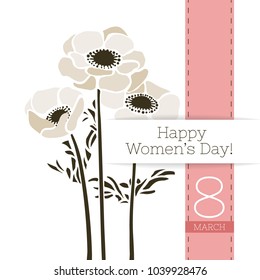 Vector flower greeting banner with a bouquet of anemones and ribbon. International Women's Day. Flat style. Isolated.