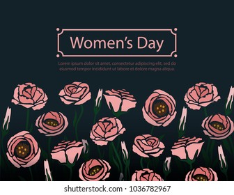 Vector flower greeting banner with eustoma on dark background. International Women's Day. Flat style.