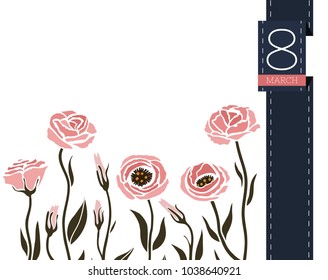 Vector flower greeting banner with eustoma and ribbon. International Women's Day. Flat style.