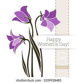 Vector flower greeting banner with harebells and ribbon. International Women's Day. Flat style. Isolated.