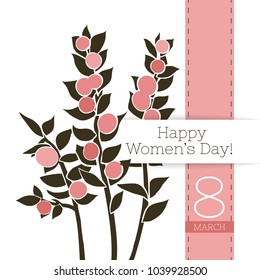 Vector flower greeting banner with ruskus and ribbon. International Women's Day. Flat style. Isolated.
