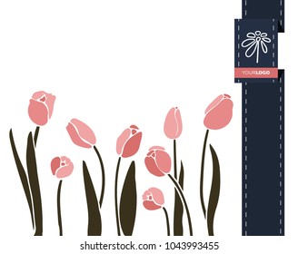 Vector flower greeting banner with tulip and ribbon. International Women's Day. Flat style.