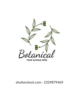 Plantilla de logotipo dibujado a mano de flor vectorial en un elegante estilo de logotipo de marco circular. Para insignias, etiquetas, logotipos e identidad comercial de marca.
