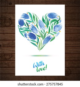 Vector flower heart frame. Colorful floral card with leaves and flowers, drawing watercolor. Spring or summer design for invitation, wedding or greeting cards