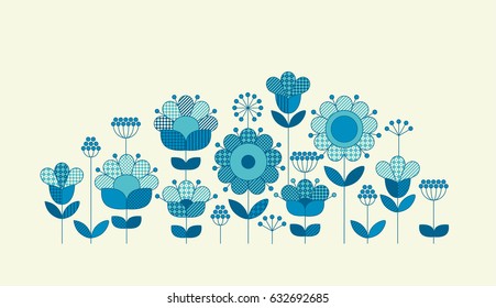 Vector flower horizontal header template for print and web design in peasant folk style. Geometry pattern inspired floral illustration in blue color. 