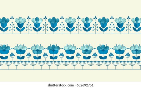 Vector flower horizontal header template for print and web design in peasant folk style. Geometry pattern inspired floral illustration in blue color. 
