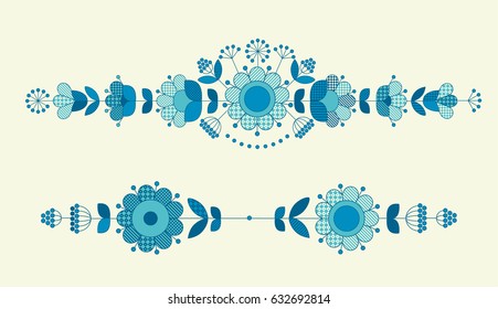Vector flower horizontal header template for print and web design in peasant folk style. Geometry pattern inspired floral illustration in blue color. 
