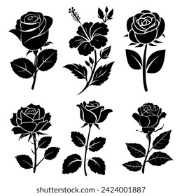 Ilustración del icono de la flor vectorial. Conjunto de siluetas rojas decorativas con hojas
