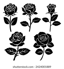 Vector Flower icon illustration. Set of decorative rose silhouettes with leaves