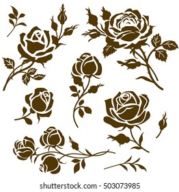 Vector flower icon. Set of decorative rose silhouettes. Vintage roses and buds