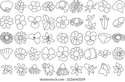 Vector Flower icon set for t-shirt and logo design. Contains rose, sunflower, wildflower, betty flower and etc.  Thin line art editable stroke.