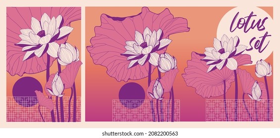 Vector flower illustration in asian style. Set of 5 lotuses on a white background