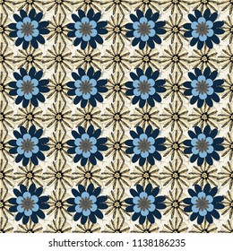 Vector flower illustration beige, black and gray seamless pattern.