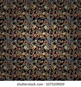 Vector flower illustration beige, blue and brown seamless pattern.