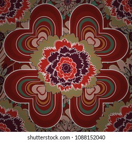 Vector flower illustration beige, brown and red seamless pattern.