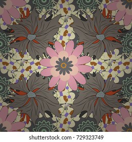 Vector flower illustration beige, pink and gray seamless pattern.