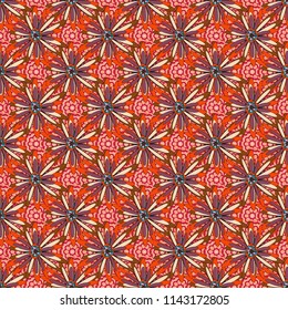 Vector flower illustration beige, red and purple seamless pattern.