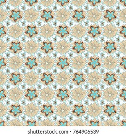 Vector flower illustration blue, beige and gray seamless pattern.