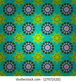 Vector flower illustration blue, green and gray seamless pattern.
