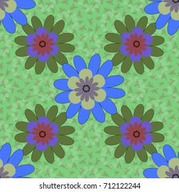 Vector flower illustration blue, green and neutral seamless pattern.