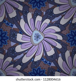 Vector flower illustration blue, neutral and green seamless pattern.