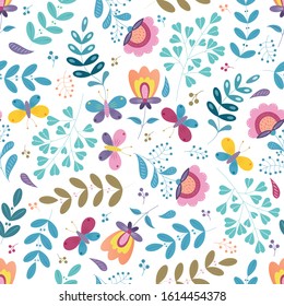 Vector flower illustration. Botanic seamless pattern with different flowers in traditional style. Folk gentle floral background