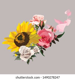 Vector flower illustration: bouquet of flowers: rose, carnation, sunflower. Wedding design: invitations, cards, background design - Vector - Vector