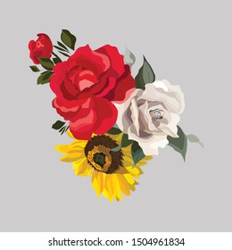 Vector flower illustration: bouquet of flowers: rose red and white, sunflower. Wedding design: invitations, cards, background design - Vector 