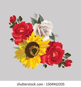 Vector flower illustration: bouquet of flowers: rose red and white, sunflower. Wedding design: invitations, cards, background design - Vector 