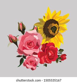 Vector flower illustration: bouquet of flowers: rose red and pink, sunflower. Wedding design: invitations, cards, background design - Vector 