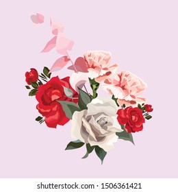 Vector flower illustration: bouquet of flowers: rose red and white, carnation, eucalyptus branch. Wedding design: invitations, cards, background design - Vector 